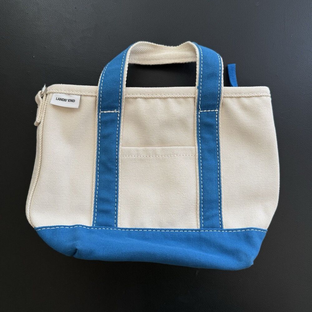 Lands’ End Canvas Tote Bag Blue & Natural Zip Top Small Beach Lunch Carryall